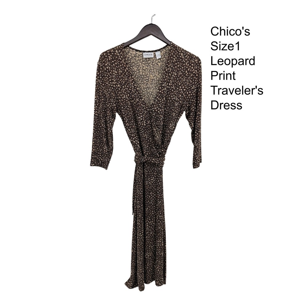Chicos Travelers Leopard Print Wrap Dress Brown Tan V-Neck Midi Size 1 M USA